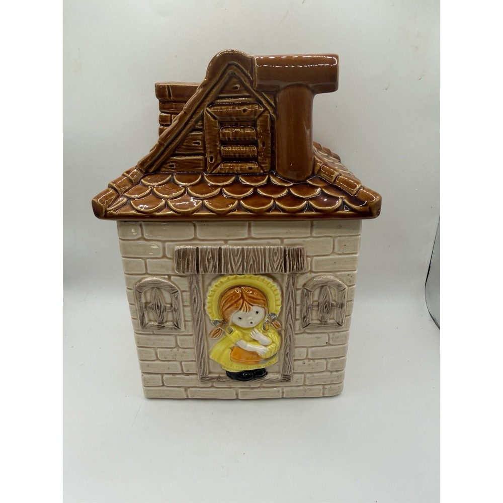 Vintage Japan Ceramic Cottage Cookie Jar Girl Brown Roof House Canister